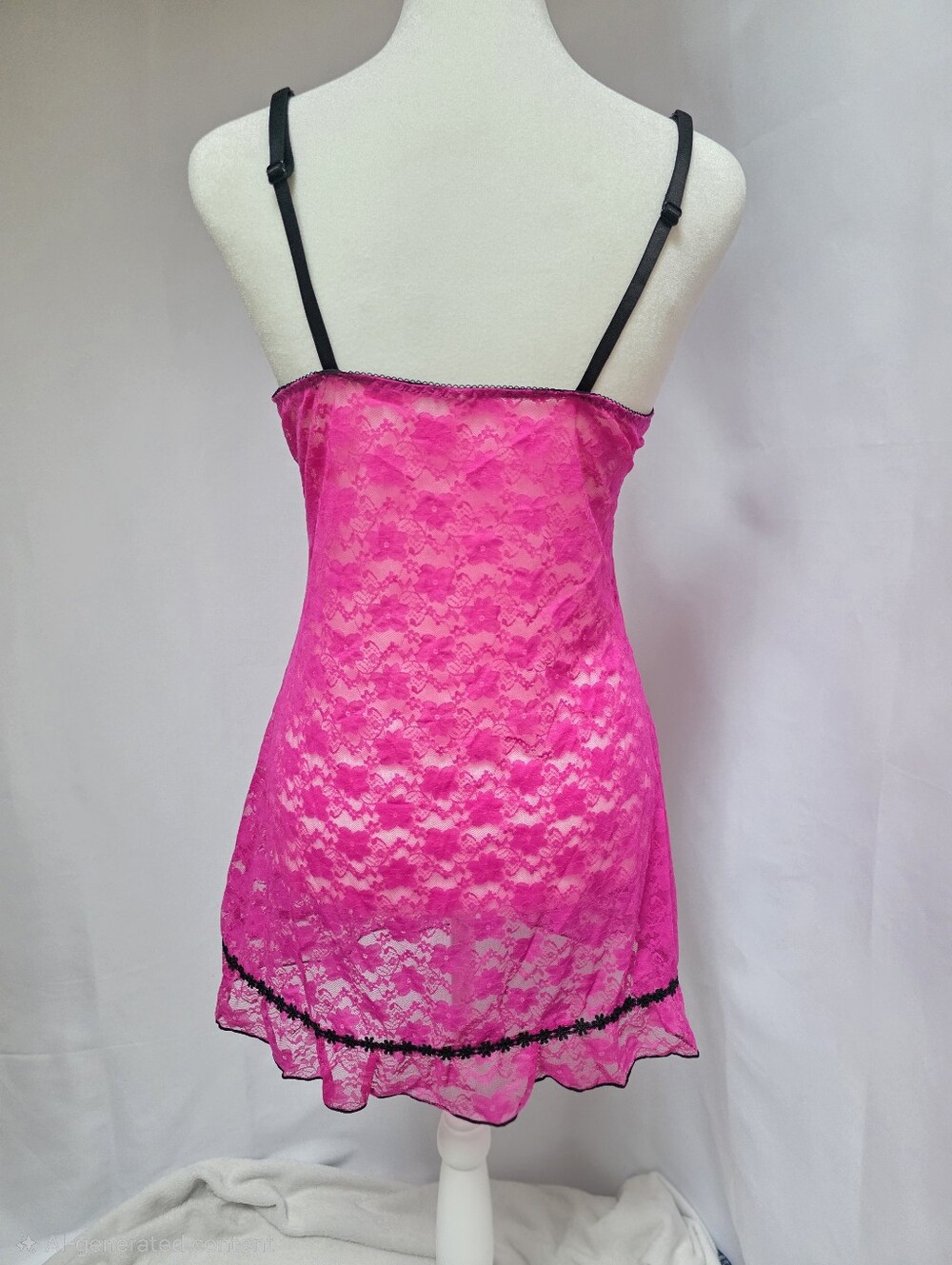 Hot Pink Lace Babydoll Chemise Lingerie Black Trim Padded Cups Adjustable Straps - Picture 3 of 9